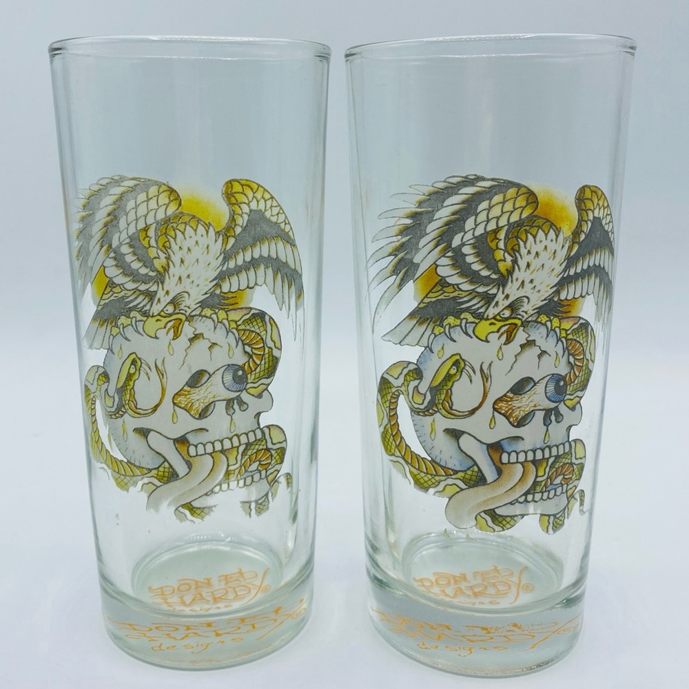 Ed Hardy Skull & Eagle Drinking Glass By Christian Audigier Set Of 2 Preowned